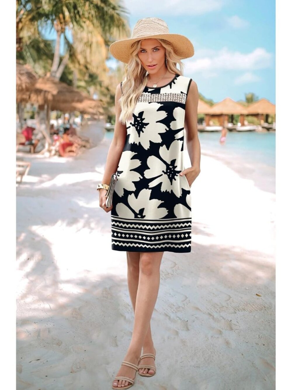 〽️Women's Black White Lace Mini Dress Sleeveless Tank Summer Beach Dress Pockets - Picture 3 of 5